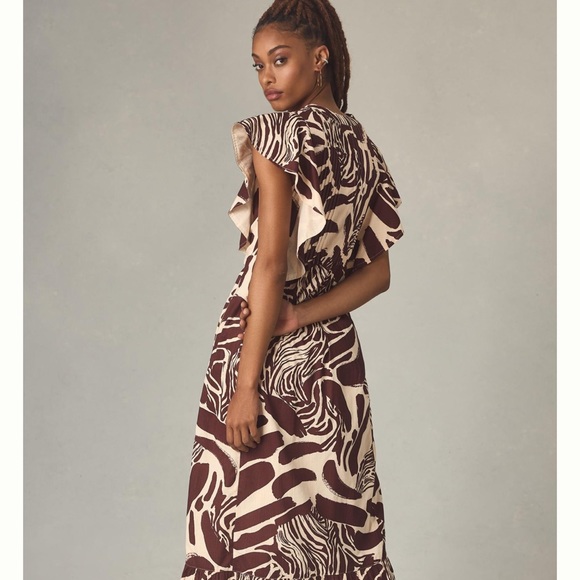 Anthropologie The Cassandra Maxi Dress Zebra Print Ruffled Hem Brown Motif - Picture 2 of 6